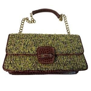 VTG Liz Claiborne green tweed brown snake skin leather handbag. Gold chain strap